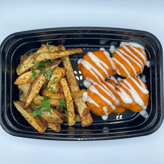 Buffalo Chicken Meatballs and Fries